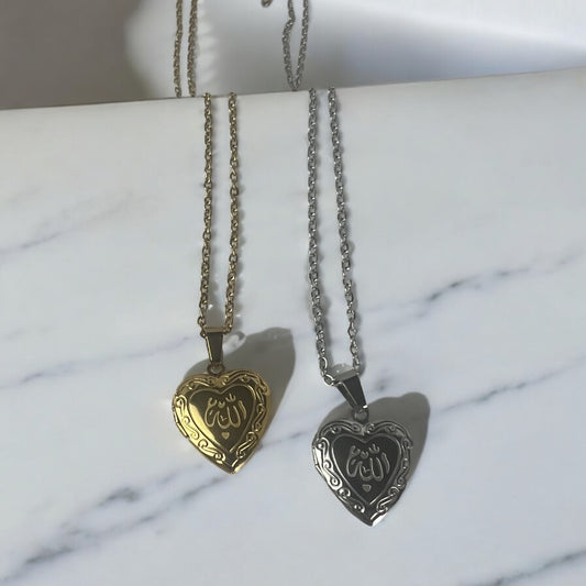 Allah Heart Locket Pendant – Stainless Steel | Heart-Shaped Islamic Jewelry