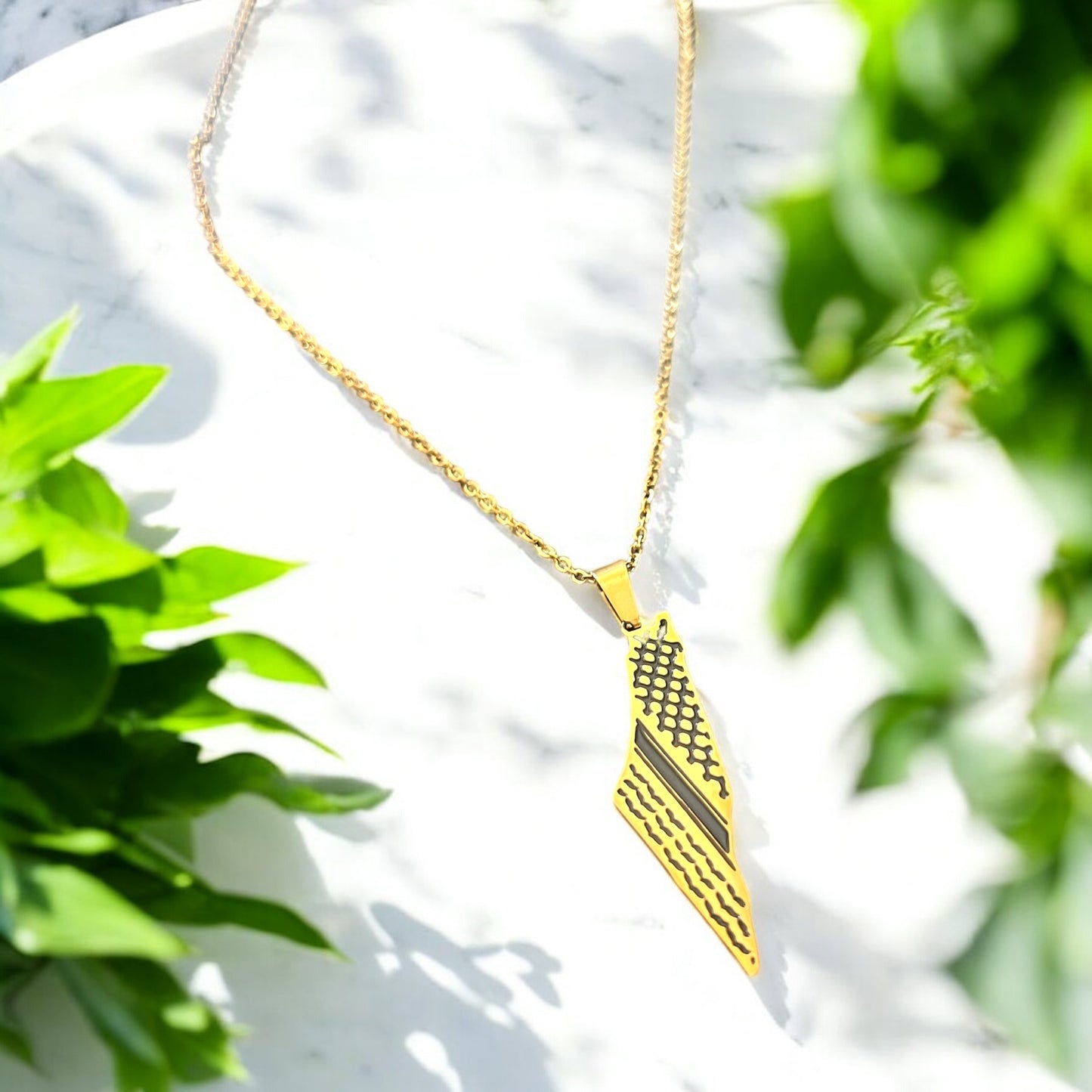 Engraved Kuffiyeh Palestine Map Necklace – Stainless Steel | Gold & Silver