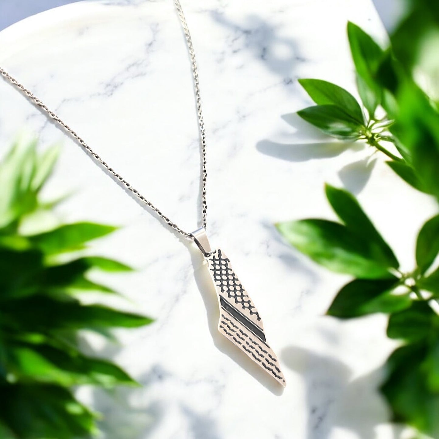 Engraved Kuffiyeh Palestine Map Necklace – Stainless Steel | Gold & Silver
