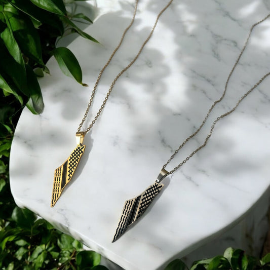 Engraved Kuffiyeh Palestine Map Necklace – Stainless Steel | Gold & Silver