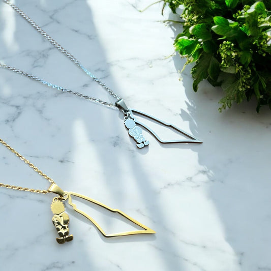 Palestine Map and Handala Charm Necklace – Gold & Silver