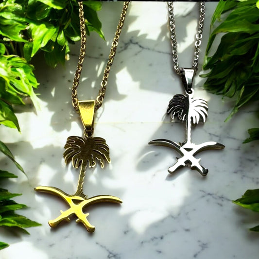 Saudi Arabia Palm & Sword Necklace – Gold & Silver