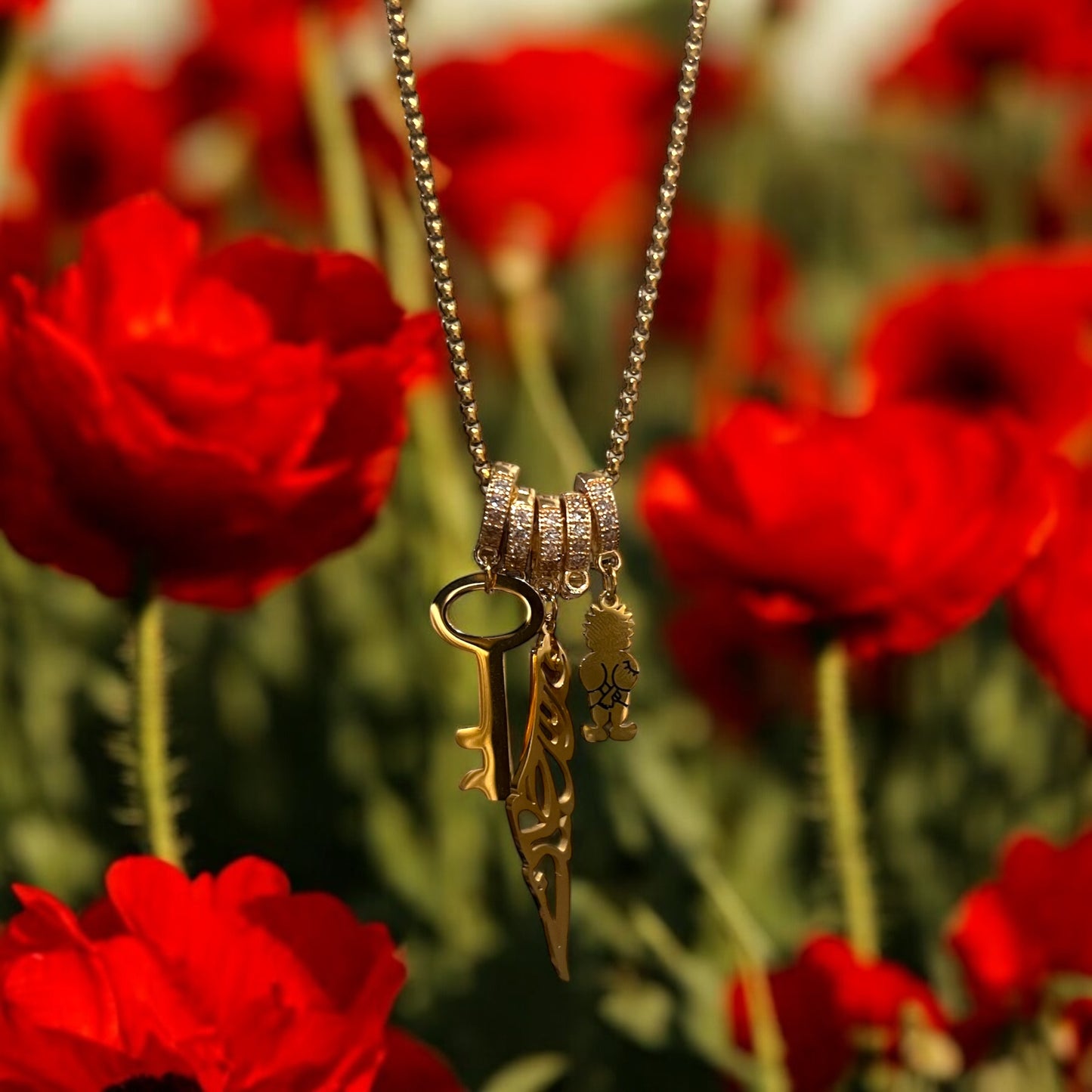 Palestine Charm Necklace – Handala, Calligraphy Map, Al-Awda Key | Gold