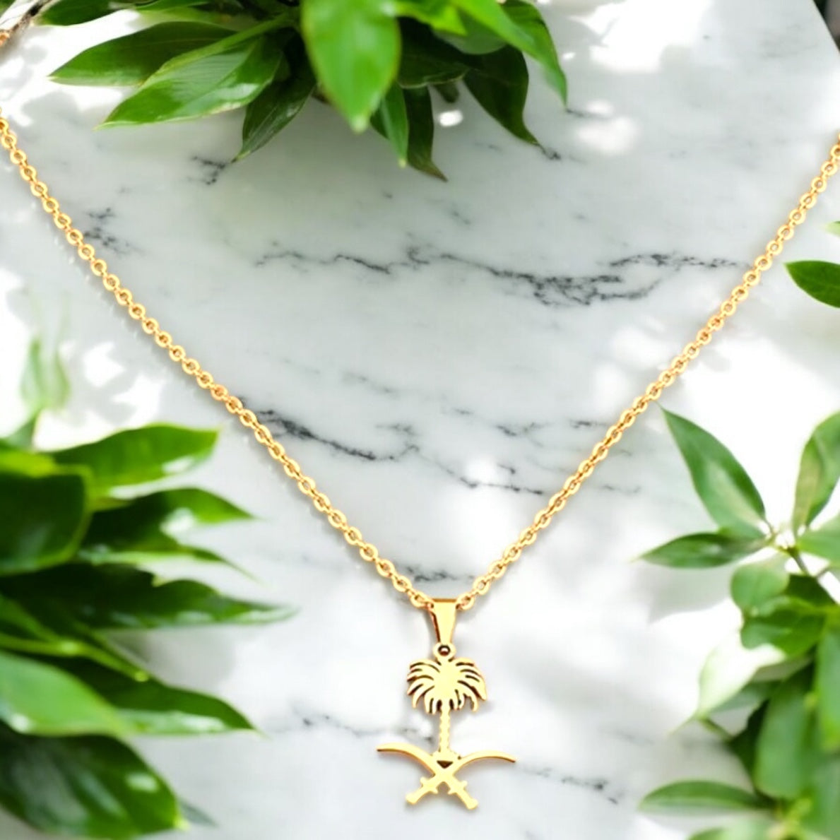 Saudi Arabia Palm & Sword Necklace – Gold & Silver