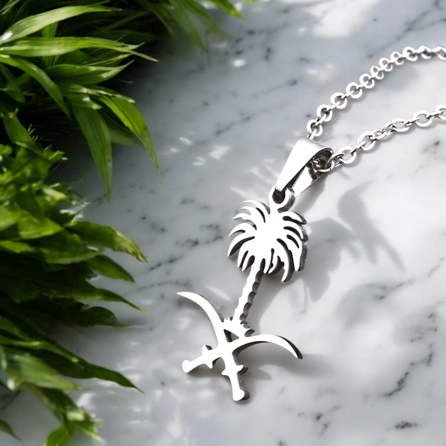 Saudi Arabia Palm & Sword Necklace – Gold & Silver